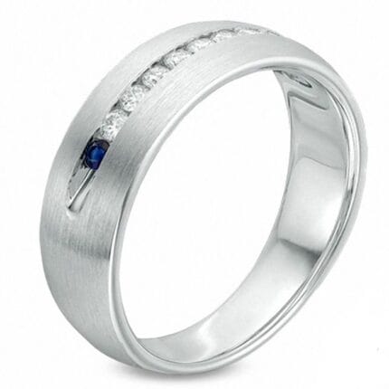 Men's 18K White Gold Ring with Sapphire and Brilliant-Cut Diamonds