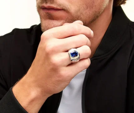 Side view of 18K white gold Men’s Sapphire Rings with sapphire and diamonds RGM17187