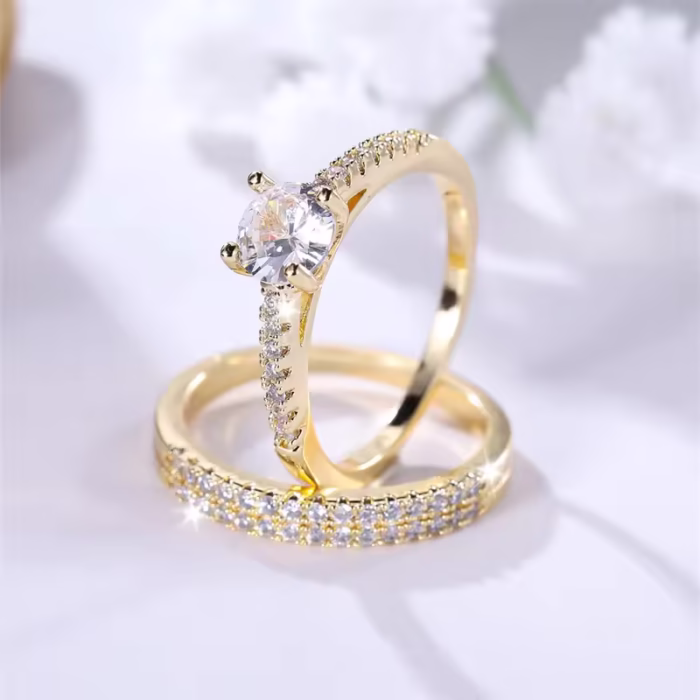 2pcs Classic Round Ring Set For Women Antique Gold Color White Zircon Stacking Couple Ring Bridal - Image 3