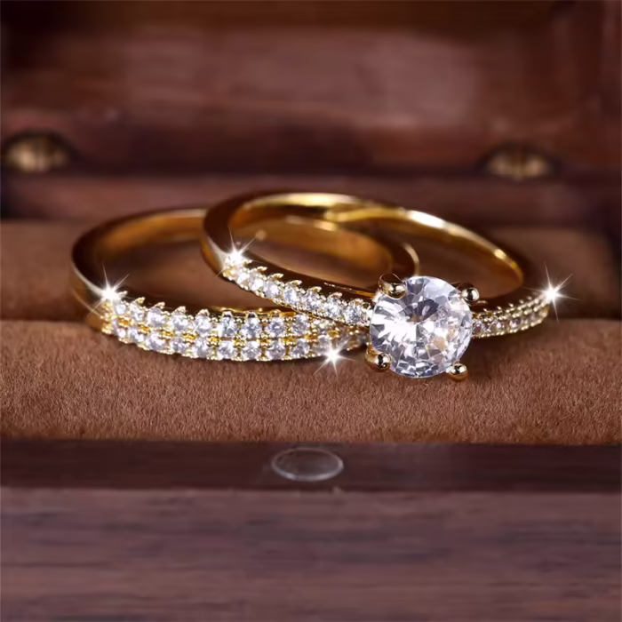 2pcs Classic Round Ring Set For Women Antique Gold Color White Zircon Stacking Couple Ring Bridal - Image 4