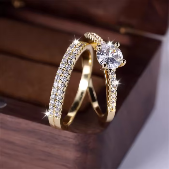 2pcs Classic Round Ring Set For Women Antique Gold Color White Zircon Stacking Couple Ring Bridal - Image 5