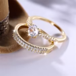 2pcs Classic Round Ring Set For Women Antique Gold Color White Zircon Stacking Couple Ring Bridal