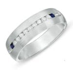 Men's 18K White Gold Ring with Sapphire and Brilliant-Cut Diamonds