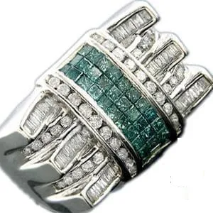 Men’s white gold ring with brilliant diamonds, baguettes, and emerald – RGM1010 luxury jewelry