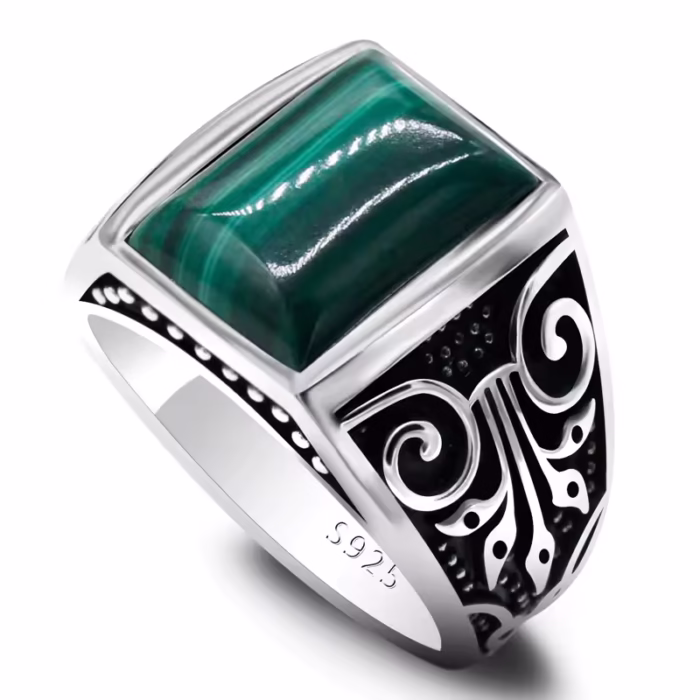 Herren-Malachit-Ring aus 925 Sterling Silber, natürlicher grüner Edelstein