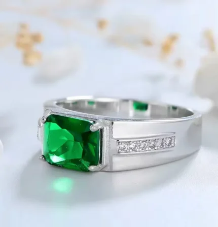 Men’s S925 silver ring with rectangular green zircon – luxury jewelry