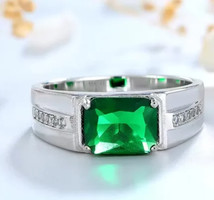 Men’s S925 silver ring with rectangular green zircon – luxury jewelry