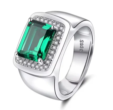 Classic men’s S925 sterling silver ring with emerald green stone – luxury jewelry