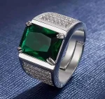 Masculine Green Crystal Emerald Gemstones Ring for Men – 18K White Gold Silver Color