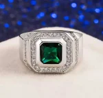 18K White Gold & 925 Silver Men’s Square Green Emerald Ring – Luxury Business Style