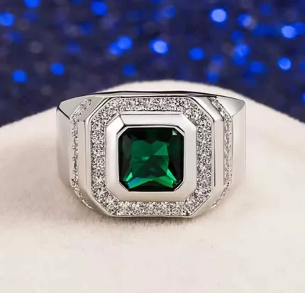 18K White Gold & 925 Silver Men’s Square Green Emerald Ring – Luxury Business Style