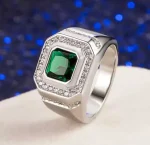 18K White Gold & 925 Silver Men’s Square Green Emerald Ring – Luxury Business Style