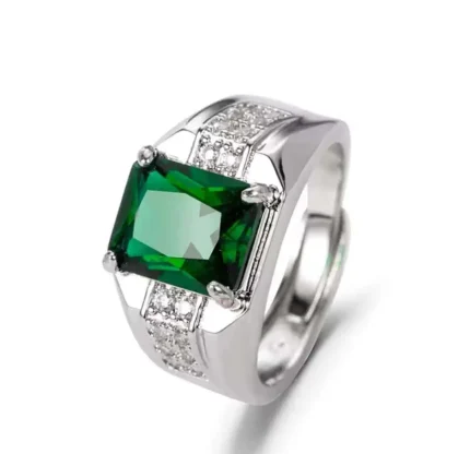 Adjustable Silver Ring for Men | 925 Sterling Silver Sapphire Gemstone | Shiny Emerald