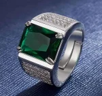 Masculine Green Crystal Emerald Gemstones Ring for Men – 18K White Gold Silver Color