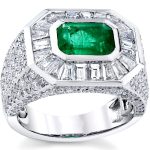 Men's Unique Gold Ring with Green Emerald and Baguette-Cut Diamonds, Luxury Model RGM17205