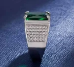 Masculine Green Crystal Emerald Gemstones Ring for Men – 18K White Gold Silver Color