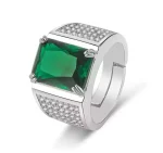 Masculine Green Crystal Emerald Gemstones Ring for Men – 18K White Gold Silver Color