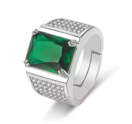 Masculine Green Crystal Emerald Gemstones Ring for Men – 18K White Gold Silver Color