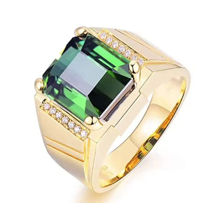 Green Gem Ring – Gold Color Crystal Zircon Men’s Jewelry | Adjustable