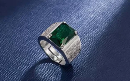 Masculine Green Crystal Emerald Gemstones Ring for Men – 18K White Gold Silver Color