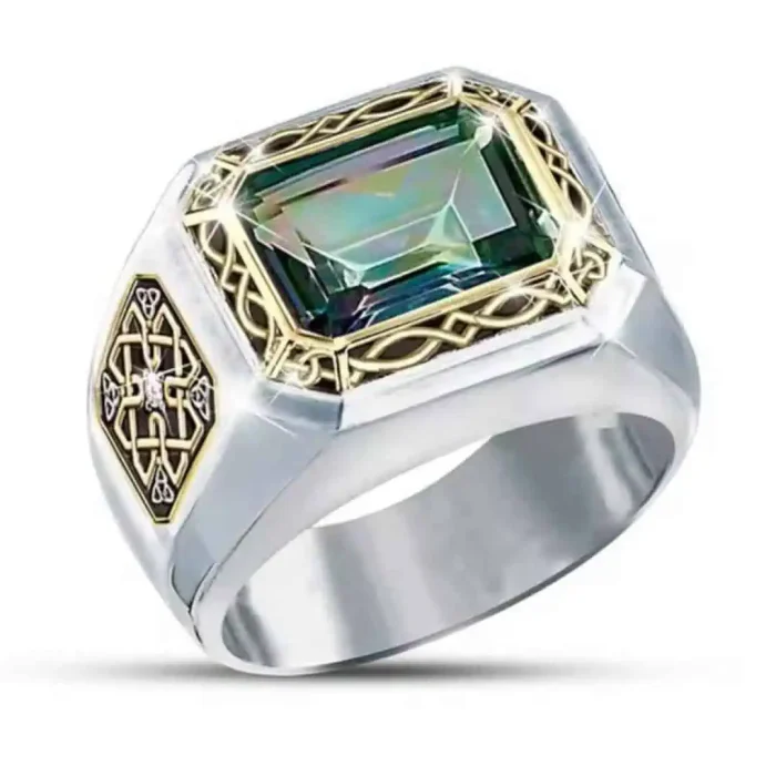 Two-Color Men's Gemstone Ring – Elegant Square Design Jewelry