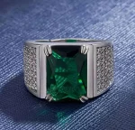 Masculine Green Crystal Emerald Gemstones Ring for Men – 18K White Gold Silver Color