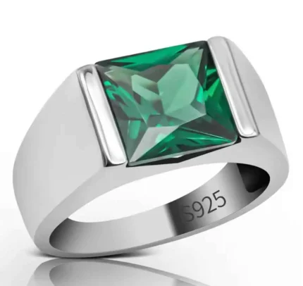 SEO Title: Adjustable Custom Silver Men’s Ring | 925 Sterling Silver Engagement Ring | Shiny Emerald