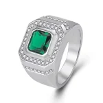 18K White Gold & 925 Silver Men’s Square Green Emerald Ring – Luxury Business Style