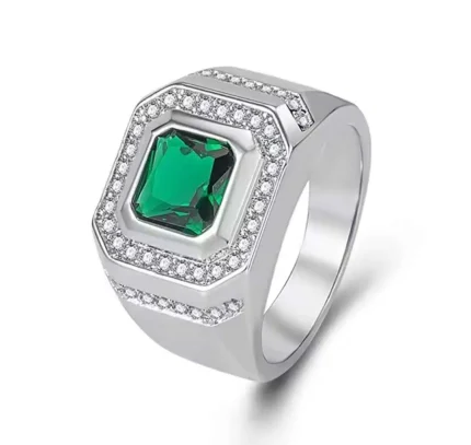 18K White Gold & 925 Silver Men’s Square Green Emerald Ring – Luxury Business Style