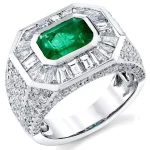 Men's Unique Gold Ring with Green Emerald and Baguette-Cut Diamonds, Luxury Model RGM17205