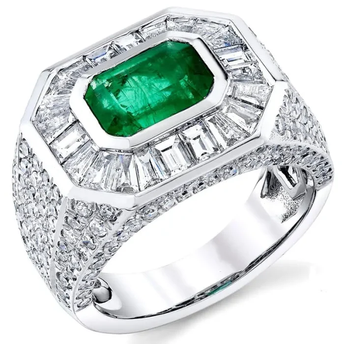 Men's Unique Gold Ring with Green Emerald and Baguette-Cut Diamonds, Luxury Model RGM17205