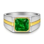 square emerald ring with gold bands