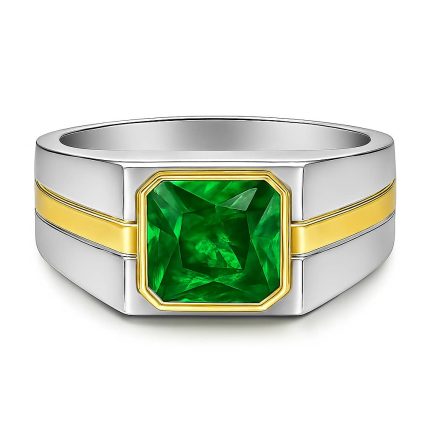 square emerald ring with gold bands