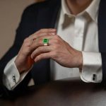 Square Emerald Ring with Gold Bands | Men’s Emerald Gold-Striped Ring - Image 2