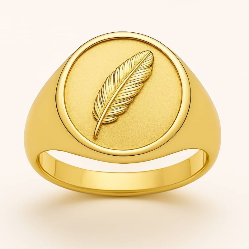 14K Gold Feather Emblem Ring